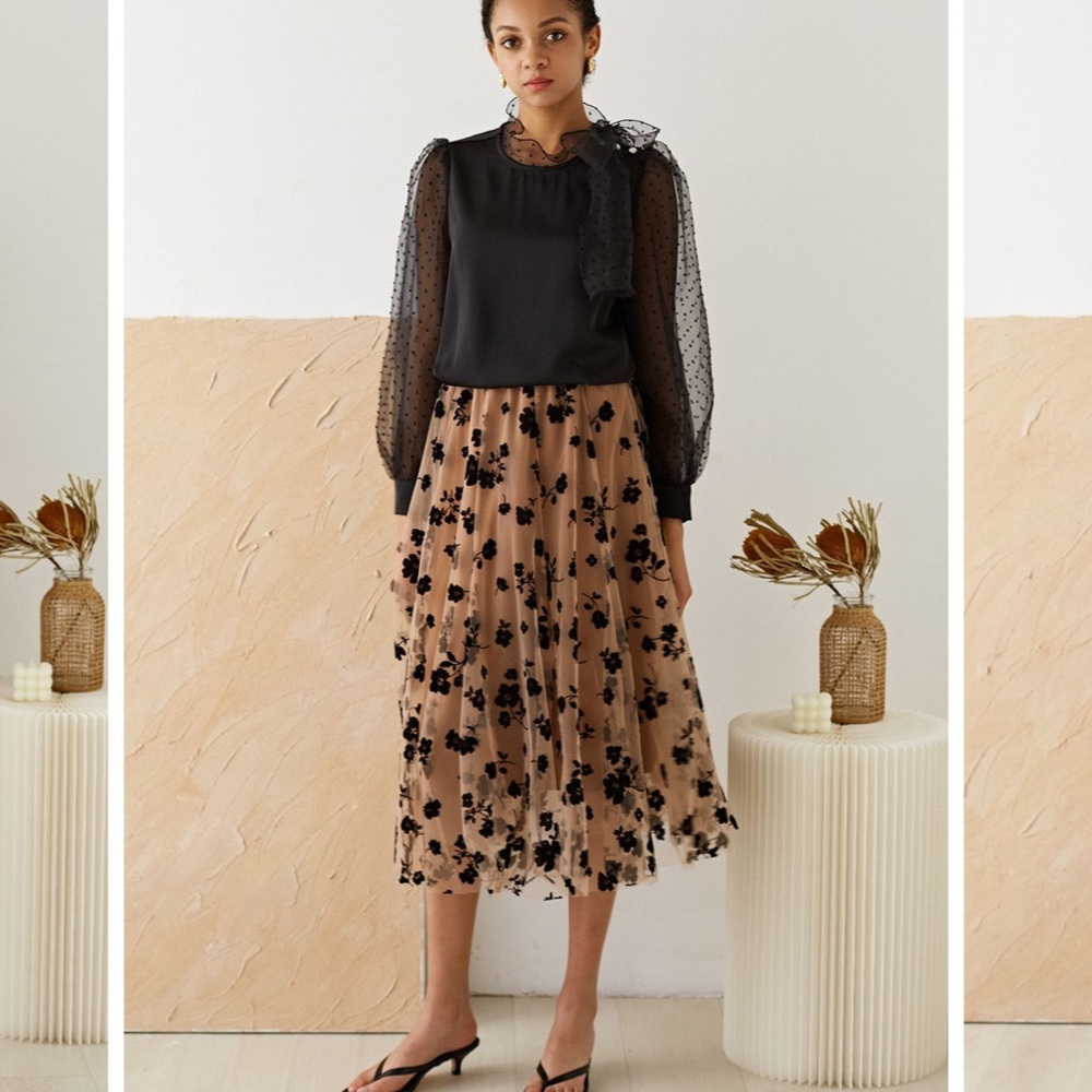CHICWISH POSY DOUBLE-LAYERED MESH MIDI SKIRT IN CARAMEL